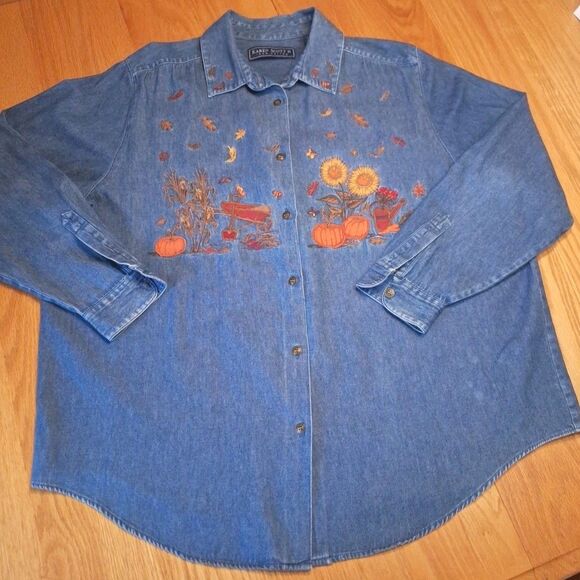 Vintage Karen Scott Denim Button Up Top Womens 1X Autumn Fall Embroidered Shirt - Picture 4 of 16